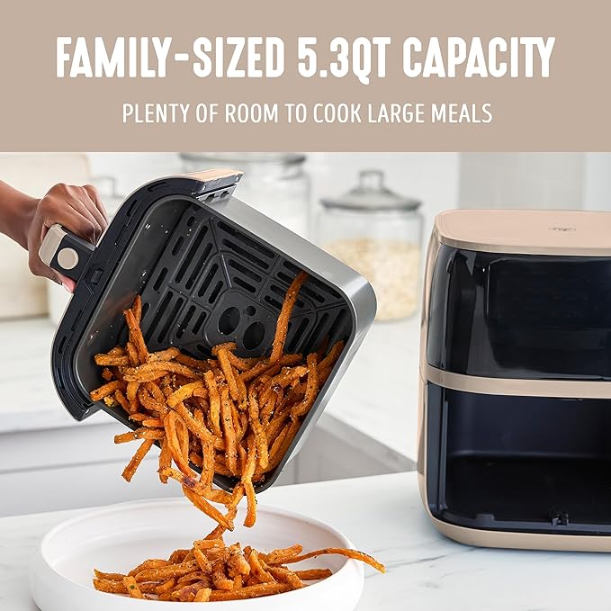 GreenLife Compact Electric Air Fryer Oven, 5.3 QT, PFAS-Free Ceramic Nonstick Drawer, 8 One Touch Digital Display, Easy View Window, Auto Shut-Off Timer, Dishwasher Safe Parts, 1500 Watts, Taupe-HomvellaHome