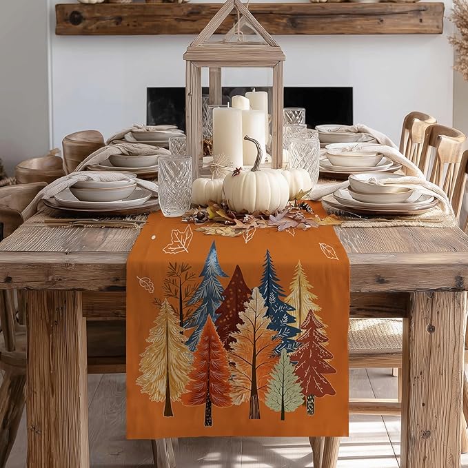GEEORY Fall Watercolor Trees & Maple Leaves Table Runner 13x90 Inch, Rustic Farmhouse Autumn Thanksgiving Decor for Kitchen, Dining, Indoor/Outdoor Holiday Dinner Party Orange GT158-90-HomvellaHome