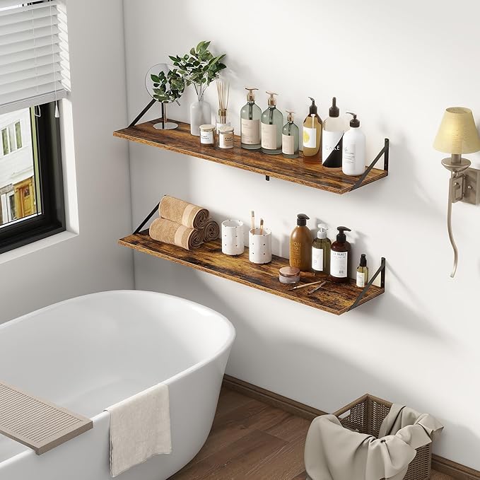12 Inch Deep Floating Shelves,48W x 12D Floating Shelves, Deep Wall Shelves Bracket Set of 2, Large Display Floating Shelf for Bathroom, Living Room, Wide Storage Wooden Wall Shelf, Rustic Brown-HomvellaHome