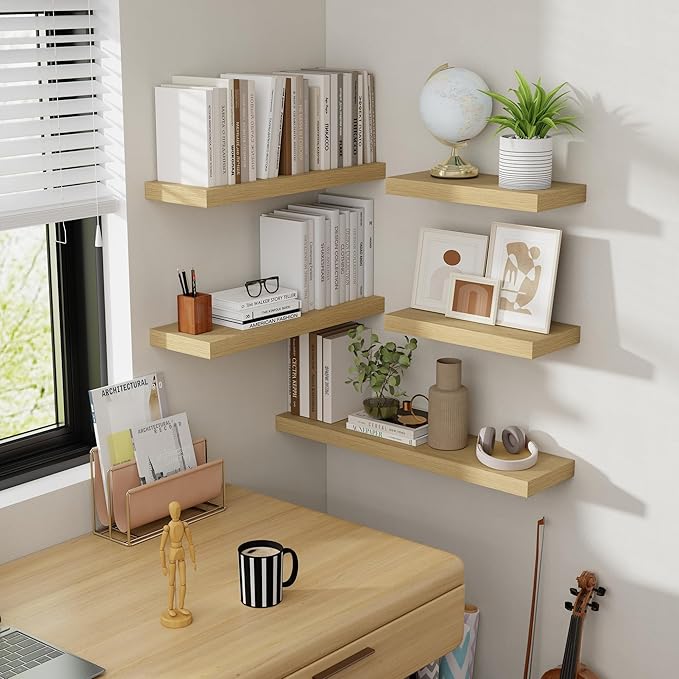 16 Inch Floating Shelves, 8 Inch Deep Floating Shelves for Wall, Hanging Shelf with Invisible Brackets, Deep Shelves for Bathroom, Bedroom, Living Room, Oak, Set of 2-HomvellaHome