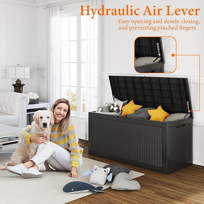 100 Gallon Resin Deck Box, Lockable Patio Outdoor Storage Box for Furniture, Garden Tools and Tools Storage, Waterproof Outside Storage Boxes - Black-HomvellaHome