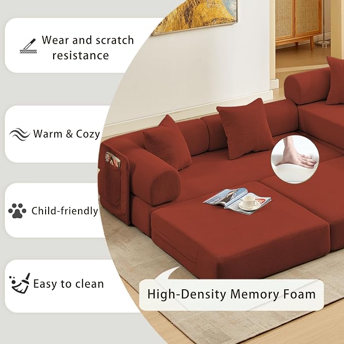 107" Oversized Convertible Sleeper Sofa Bed, Corduroy L Shape Sectional Couch, Folding Sofa Bed with Side Pocket, Modern Cloud Floor Mattress Couch, Modular Sofa for Living Room, Red-HomvellaHome