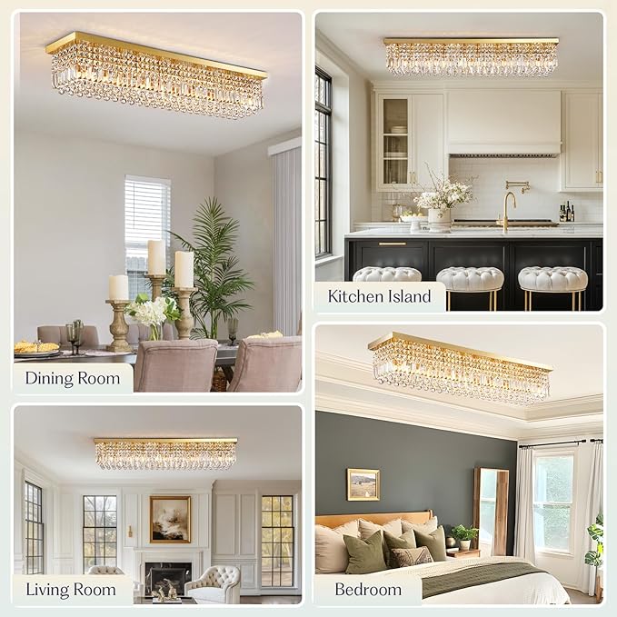 10 Lights Gold Flush Mount Rectangle Chandelier, Modern K9 Crystal Chandeliers Light Fixture Rectangular Raindrop Chandelier Pendant Island Light for Living Dining Room Kitchen Bar L47 Inch-HomvellaHome