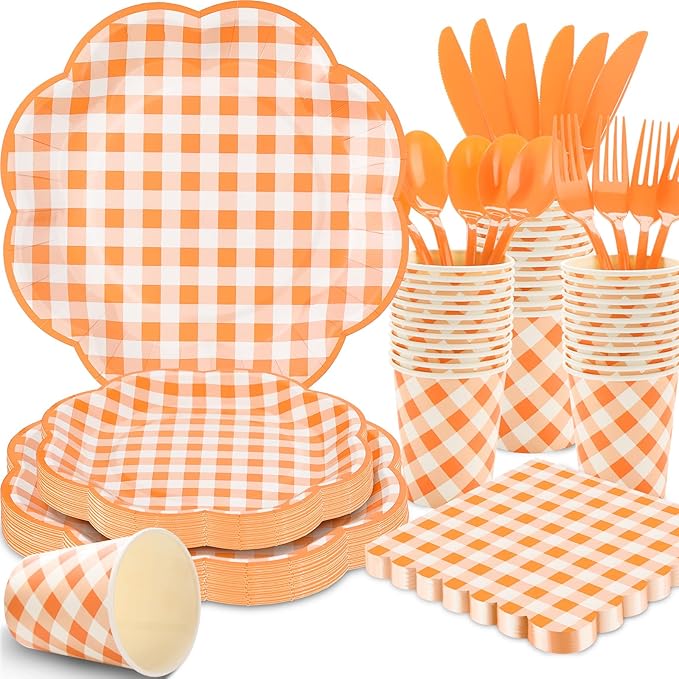 175 Pcs Orange and White Gingham Party Supplies - Orange Gingham Paper Plates and Napkins Sets Serve 25 - Scalloped Checkered Plates for Birthday Picnic Fall Halloween Thanksgivng Party Decorations-HomvellaHome