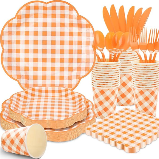 175 Pcs Orange and White Gingham Party Supplies - Orange Gingham Paper Plates and Napkins Sets Serve 25 - Scalloped Checkered Plates for Birthday Picnic Fall Halloween Thanksgivng Party Decorations-HomvellaHome