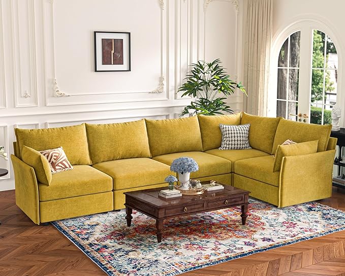 135.5" Oversized Modular Sectional Sofa, L Shaped Convertible Couch with Movable Ottoman, 5 Seat Corner Couches for Living Room Deep Seat Yellow Chenille-HomvellaHome