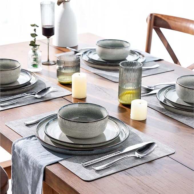 GBHOME Ceramic Dinnerware Sets for 4, 12 Pieces Stoneware Plates and Bowls Sets, Reactive Glaze Dishes -Scratch Resistant, Dishwasher&Microwave Safe, Green Wheat-HomvellaHome