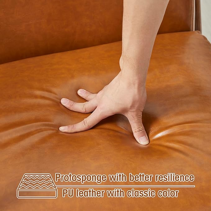 Glitzhome 30" H Mid Century Yellowish Brown Accent Armchair, Single Reading Sofa, PU Leather Lounge Chair with Walnut Ruberwood Frame for Livingroom or Office-HomvellaHome