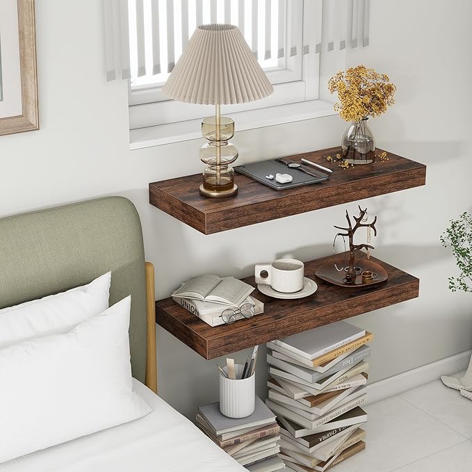 12 Inch Deep Floating Shelves for Wall | 30 Inch Floating Shelves Set of 2 | Rustic Wood Shelves for Living Room Bathroom Laundry Room Bedroom Kitchen Home Office - Rustic Brown-HomvellaHome