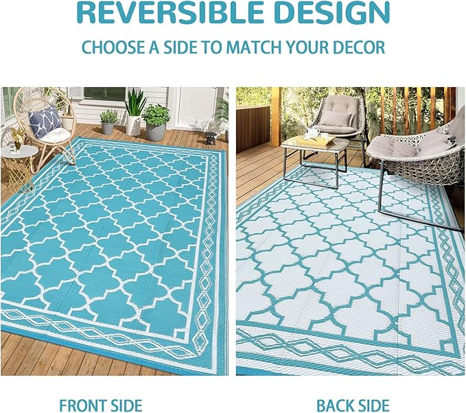 GAOMON Outdoor Rug for Patio 5'x8' Reversible Plastic Rugs Camping Mat for Outdoor, RV, Backyard, Deck, Balcony, Picnic, Beach, Teal/White(Geometric)-HomvellaHome