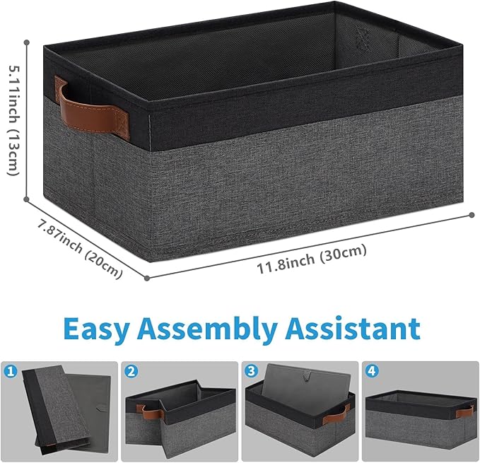 GhvyenntteS Small Fabric Storage Bins 12 Pack, 11.8" x 7.87" x 5.11" Storage Basket with Leather Handles, Closet Storage Bins for Shelves, Storage Baskets for Shelves, DVD Storage (Grey/Black)-HomvellaHome