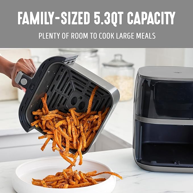 GreenLife Compact Electric Air Fryer Oven, 5.3 QT, PFAS-Free Ceramic Nonstick Drawer, 8 One Touch Digital Display, Easy View Window, Auto Shut-Off Timer, Dishwasher Safe Parts, 1500 Watts, Graphite-HomvellaHome