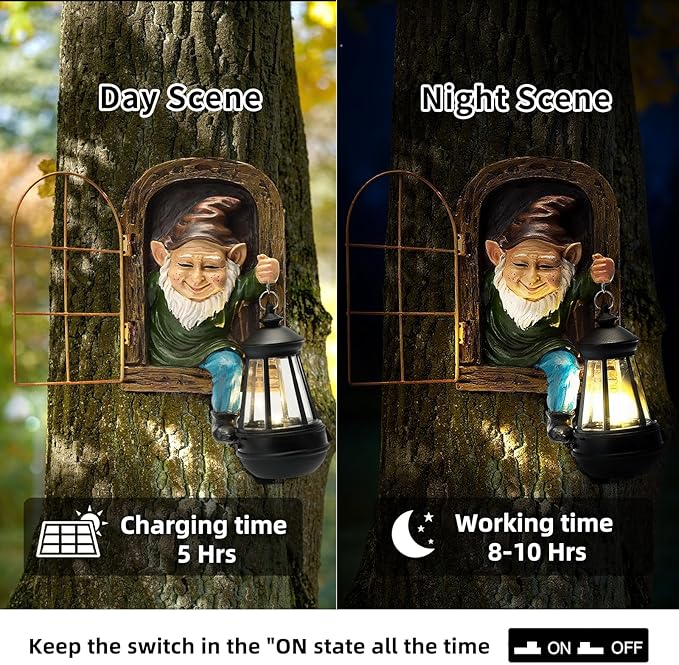 Garden Gnome Decor Outdoor Statue - Gnome With Solar Waterproof Lantern, Whimsical Elf Out The Door Tree Hugger Garden Statues, Home, Fence, Patio, Resin Ornament, Gardening Gift Tree Faces Gnomes-HomvellaHome