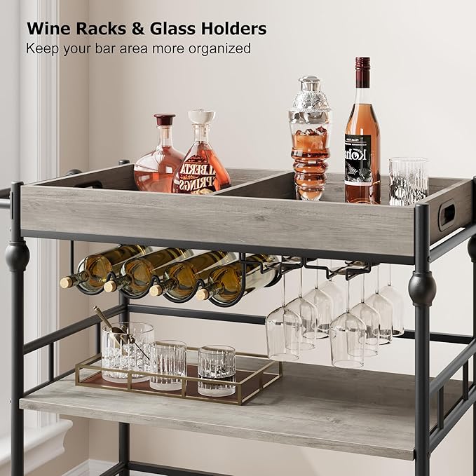 GarveeHome Bar Cart, Bar Carts for The Home, 3 Tier Serving Cart with Wheels, Home Bar & Serving Carts, Metal Rolling Cart with Wine Rack & Removable Tray for Kitchen, Dining Room, Living Room-Grey-HomvellaHome