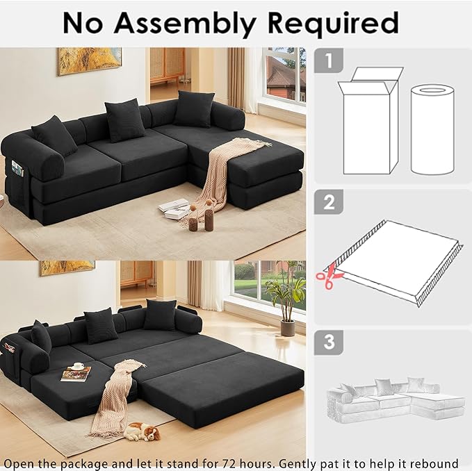 107" Oversized Convertible Sleeper Sofa Bed, Corduroy L Shape Sectional Couch, Folding Sofa Bed with Side Pocket, Modern Cloud Floor Mattress Couch, Modular Sofa for Living Room, Black-HomvellaHome