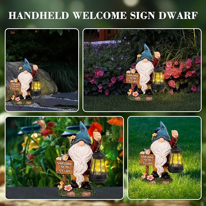 Garden Gnome Statues Figurine Lights - Solar Powered Lighting Outdoor Decorations with Lantern & Welcome Sign, Yard Art Lawn Ornaments for Porch Patio Balcony - Gnome Gifts for Women Mom-HomvellaHome