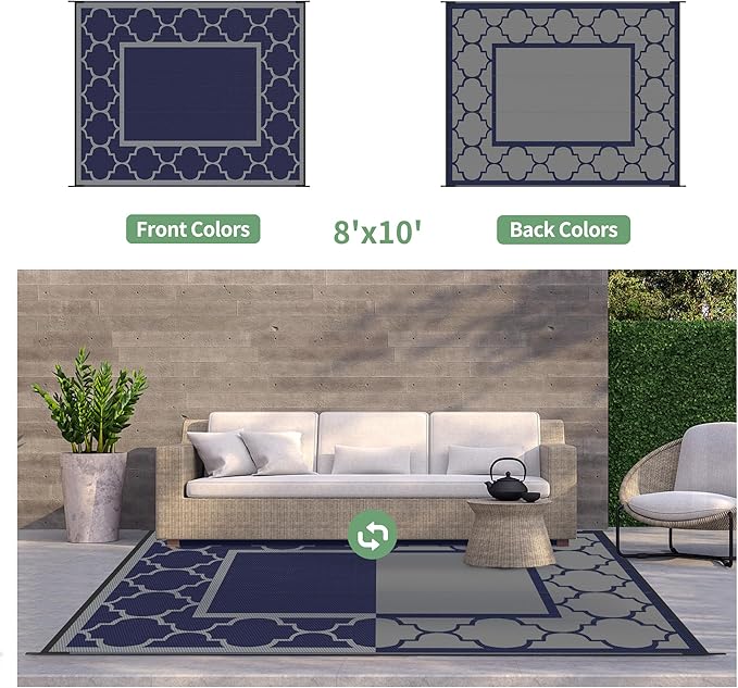 GENIMO Outdoor Rug 8' x 10' Patio Waterproof, Foldable Reversible Plastic Straw Area Rugs Mat for Camper Decor, Outside Carpet for Rv, Deck, Porch, Picnic, Beach, Balcony, Blue & Grey-HomvellaHome