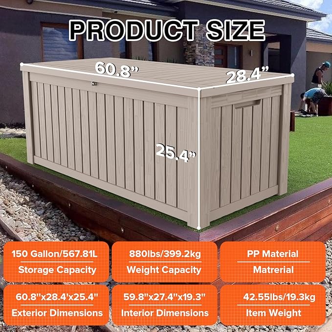 152 Gallon Deck Box Waterproof, UV Resistant Resin Outdoor Storage Box with Hydraulic Rod, Lockable Design and Enhanced Durability for Patio, Garden, and Poolside Use-HomvellaHome