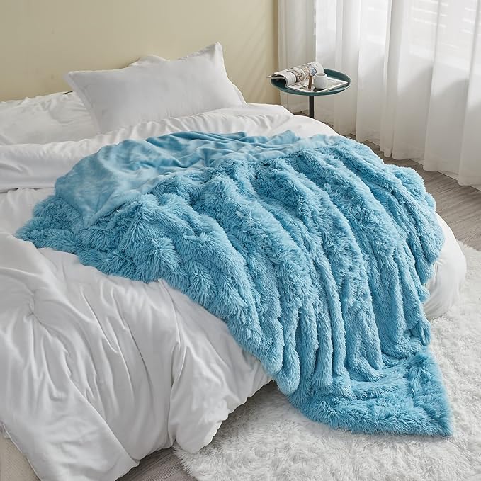 GONAAP Fuzzy Faux Fur Throw Blanket Twin Size Sky Blue Super Soft Cozy Plush Fuzzy Shaggy Blanket for Couch Sofa Bed (Sky Blue, Twin(60"x80"))-HomvellaHome