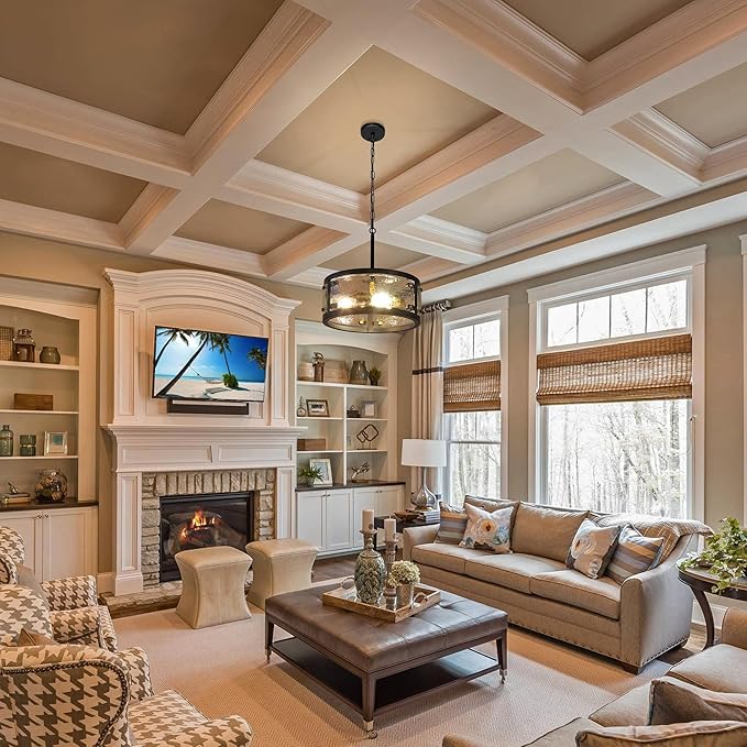 13" Industrial Drum Glass Chandelier, 3-Light Rustic Hanging Pendant Lights, Metal Round Lighting Fixture for Dining Room Foyer Entryway Hallway Bedroom, Clear Waterglass Drum Shade-HomvellaHome