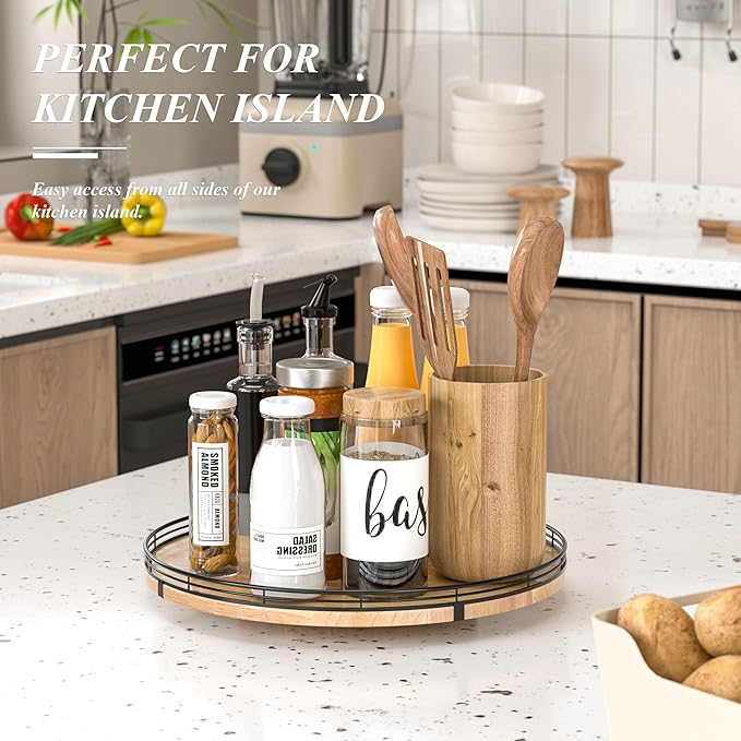 16" Lazy Susan Oak Wood Turntable Organizer for Cabinet, Farmhouse Round Wooden Large Lazy Susan Organization and Storage for Dining Table, Pantry, Kitchen, Bathroom, Countertop, Cupboard, Home Decor-HomvellaHome