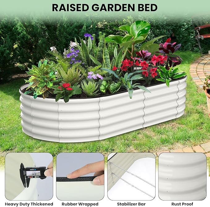 2 Pcs 6x3x1.5ft Oval Raised Garden Bed, Galvanized Raised Beds,Open-Ended Base Metal Raised Planter Beds,Garden Bed Outdoor,Planter Raised Boxes for Vegetables, Flowers,Tool-Free Asse,White-HomvellaHome