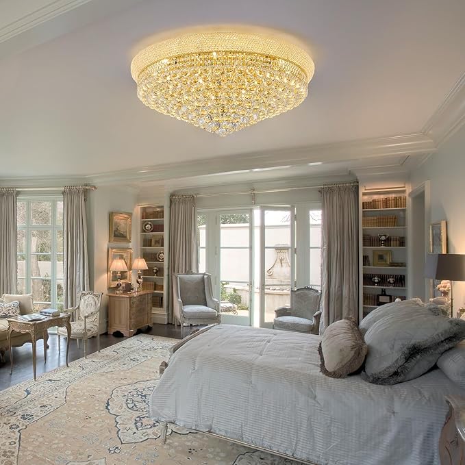 18-Light 32 inch Large Crystal Chandelier Flush Mount Ceiling Light Fixture for Living Room Dining Room Bedroom Foyer Entryway Gold Finish-HomvellaHome