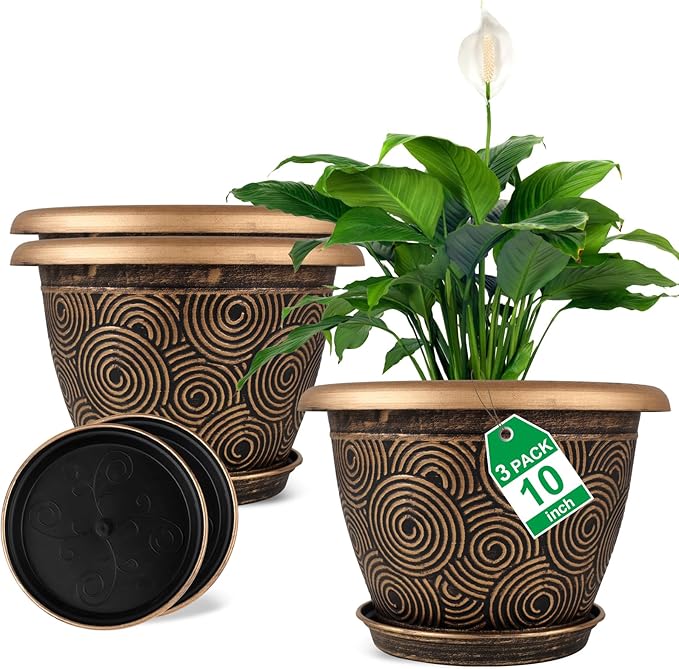 10 Inch Flower Pots Planters for Indoor Outdoor Plants, 3 Pack Plastic Large Plant Pots with Drainage Hole & Tray, Modern Decorative Garden Pot with Saucer, Plant Container for House-HomvellaHome