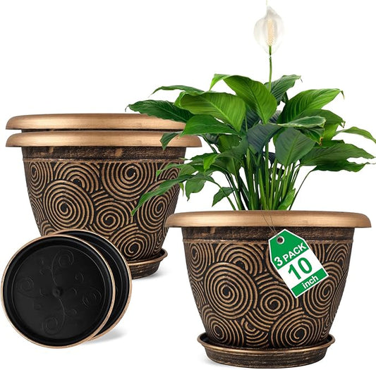 10 Inch Flower Pots Planters for Indoor Outdoor Plants, 3 Pack Plastic Large Plant Pots with Drainage Hole & Tray, Modern Decorative Garden Pot with Saucer, Plant Container for House-HomvellaHome