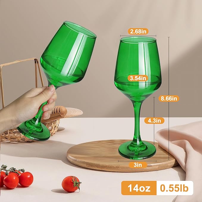 Green Wine Glasses Set of 6-14oz Long Stem Wine Glass, Pretty Crystal Glassware, Hand Blown Goblets Drinkware, Unique Stemware Wine Glass Holiday Gift Set-HomvellaHome
