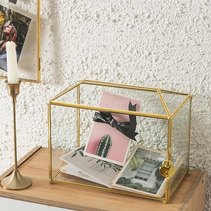 Glass Wedding Card Box with Slot, Large Clear Card Box 10.2 inch Gold Brass Gift Card Storage Box with Lock for Wedding Receptions, Baby Shower, Birthday Party, Bridal Shower-HomvellaHome