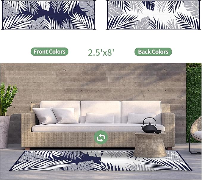 GENIMO Outdoor Rug 2.5' x 8' Waterproof for Patios Clearance, Reversible Outdoor Plastic Straw Camping Rug Carpet, Large Area Rugs Mats for RV, Camper, Deck, Balcony, Porch, Beach, Navy Blue&White-HomvellaHome