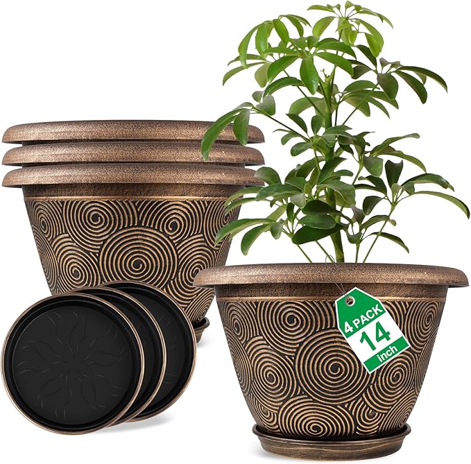 14 Inch Large Planter Pot for Plants Indoor Outdoor, 4 Pack Plastic Flower Pots with Drainage Hole & Tray, Modern Decorative Garden Pot with Saucer, Plant Container for House-HomvellaHome