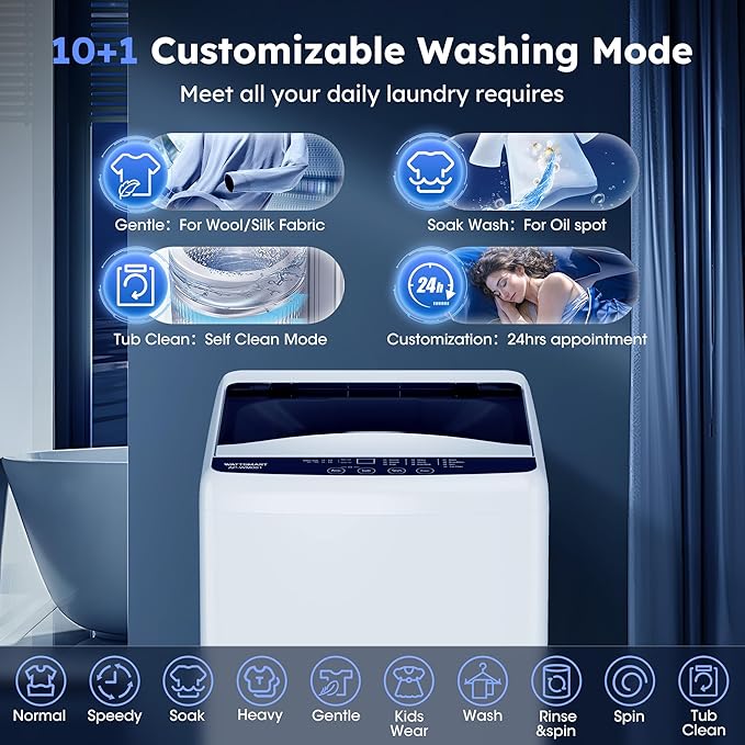 1.0 Cu.ft Portable Washing Machine for Home & Apartment, Full-Automatic Clothes Washer with 6 Water Level & 10 Wash Cycles, Drain Hose Included, White-HomvellaHome
