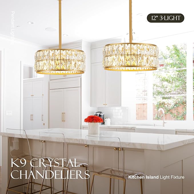 12” 3-Light Modern Crystal Chandeliers Gold Dinning Room Light Fixture, Round Pendant Light Kitchen Island Chandelier, Flush Mount Ceiling Light for Living Room Entryway Bedroom Foyer-HomvellaHome