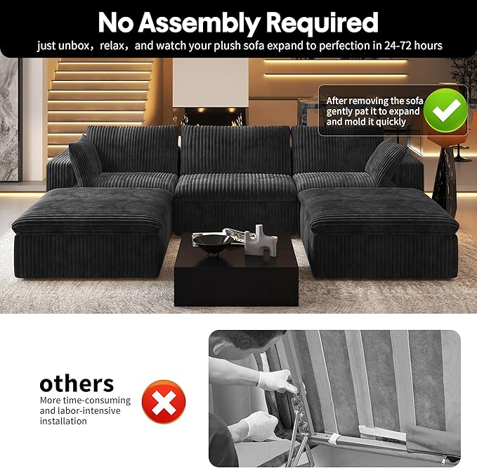 118" U Shaped Modern Sofa Modular Sectional Cloud Couch with 2 Ottoman,Upholstered Couches with Plush Corduroy Fabric for Living Room Furniture,Bedroom and Apartment,No Assembly Required,Black-HomvellaHome