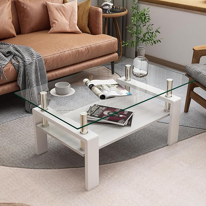 Glass Coffee Table Rectangle Living Room Center Table, with Transparent Tempered Glass Tabletop and White MDF Layer,for Living Room and Office, Transparent +White-HomvellaHome