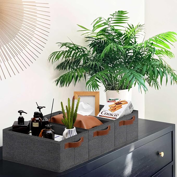 GhvyenntteS Small Fabric Storage Bins 12 Pack, 11.8" x 7.87" x 5.11" Storage Basket with Leather Handles, Closet Storage Bins for Shelves, Storage Baskets for Shelves, DVD Storage (Grey)-HomvellaHome