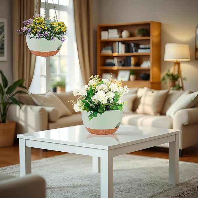 2 Pack 12 Inch Large Hanging Planters with Chains Self Watering Green Brown Plastic Hanging Pots for Indoor Outdoor Plants, Garden Porch Home Decor，Green Brown-HomvellaHome