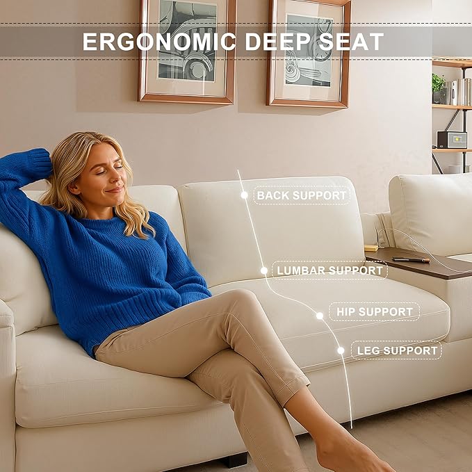 120.3" Modern L-Shaped Sectional Sofa with 360°Swivel Drop-Down Table, Storage Armrest, USB Ports & Movable Storage Ottoman – Plush Linen Cloud Couch for Lounge (Beige)-HomvellaHome