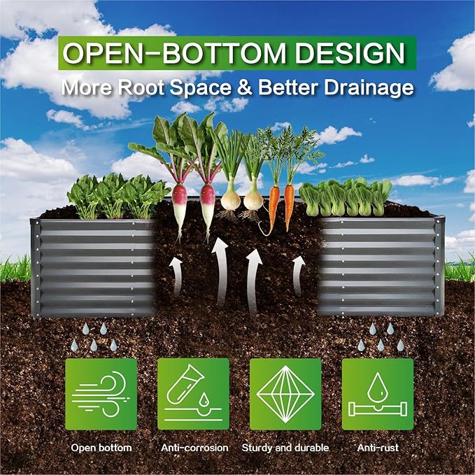 GARDMAX 8x4x2FT Galvanized Raised Garden Bed Kit, Metal Planter Boxes Outdoor with Easy Assembly, Large Garden Bed for Vegetables, Fruits, Flower, Herbs Rectangle Silver-HomvellaHome