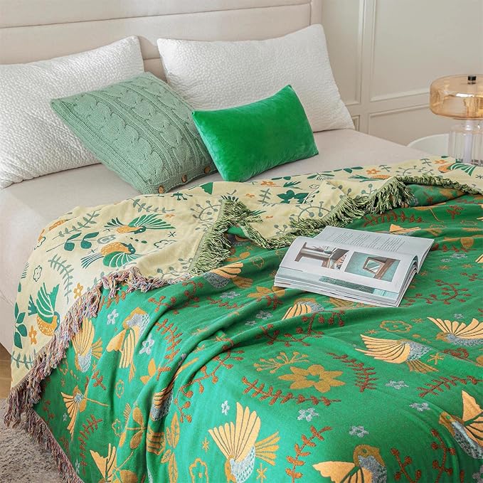 Green Summer Blanket 60''x 80'' Boho Throw Blankets for Couch Bed Chair,100% Cotton Quilts Christmas Warm Soft Blanket Muslin Bed Blankets Farmhouse Decoration-HomvellaHome