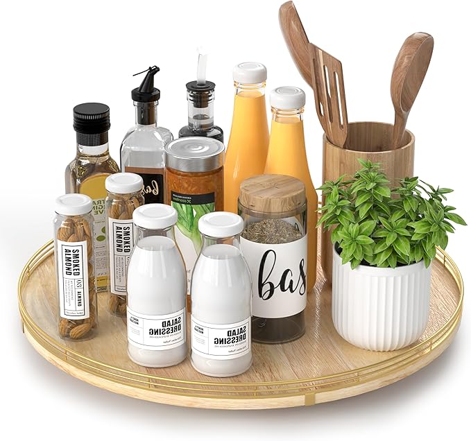 16 Inch Rustic Lazy Susan Turntable – Solid Oak & Iron Wood Rotating Tray for Dining Table, Kitchen Counter, Coffee Table – Farmhouse Style Large Wooden Lazy Susan Organizer for Home Décor-HomvellaHome