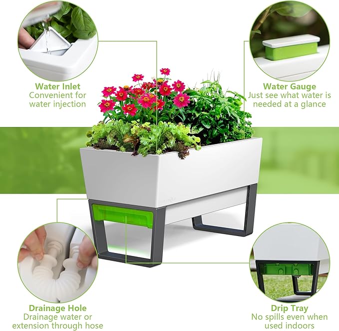 Glowpear Self Watering Planter Box - 29.5", White - UV Stable, Scalable Urban Raised Garden Bed with Water Gauge, Indoor Outdoor for Vegetables, Flowers, Herbs, and Succulents, Gardening-HomvellaHome