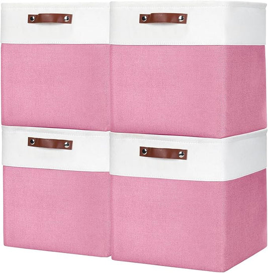 13x13 Cube Storage Bins, Collapsible Fabric Storage Box, 4 Pack Closet Baskets with Handles for Organizing, Shelf, Toys, Clothes, Home, Office, Nursery (Pink&White)-HomvellaHome