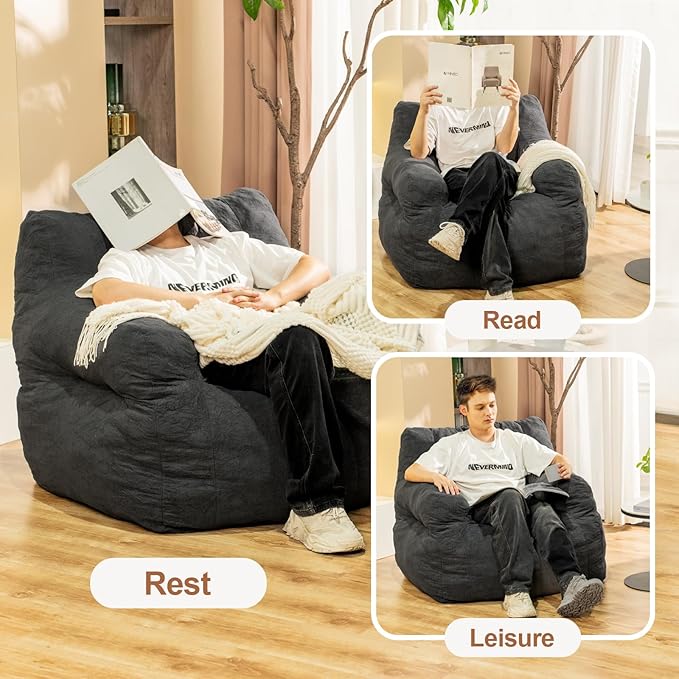Giant Bean Bag Chair, Large Bean Bag Chair for Adults, Fluffy and Comfy Bean Bag Chair with Filler, Big Bean Bag Sofa Chair for Reading, Stuffed High-Density Foam, Grey-HomvellaHome