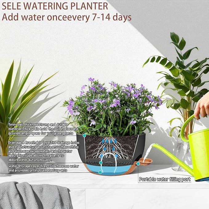 2 Pack 12 Inch Large Hanging Planters with Chains Self Watering Black Brown Plastic Hanging Pots for Indoor Outdoor Plants, Garden Porch Home Decor，Black Brown-HomvellaHome