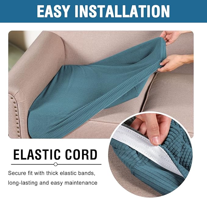 H.VERSAILTEX Super Stretch Individual Seat Cushion Covers Sofa Covers Couch Cushion Covers Slipcover Sets Thick Jacquard Textured Twill Fabric (2 Piece Large Sofa Cushion Covers, Storm Blue)-HomvellaHome