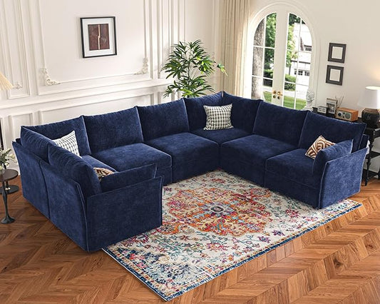136.4" Oversized Modular Sectional Sofa, U Shaped Convertible Couch with Movable Ottoman, Large 7 Seat Corner Couches for Living Room Deep Seat Blue Chenille-HomvellaHome