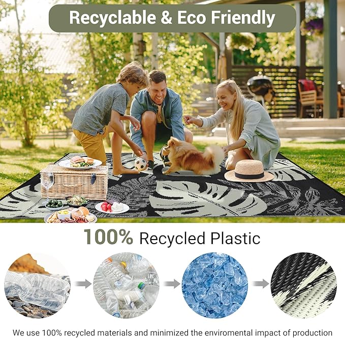 GAOMON Outdoor Rug Waterproof 9x18 Patio Rug Reversible Camping Mat, Foldable Portable Outdoor Plastic Straw Rugs RV Picnic Carpet with Bag & 4 Stakes, UV Resistant Outside Carpet for Deck Balcony-HomvellaHome